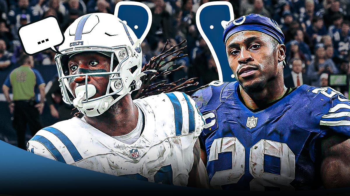 Indianapolis Colts tight end Mo Alie-Cox with a speech bubble that has the three dots emoji inside. He is next to Colts RB Jonathan Taylor. There is also a logo for the Indianapolis Colts.