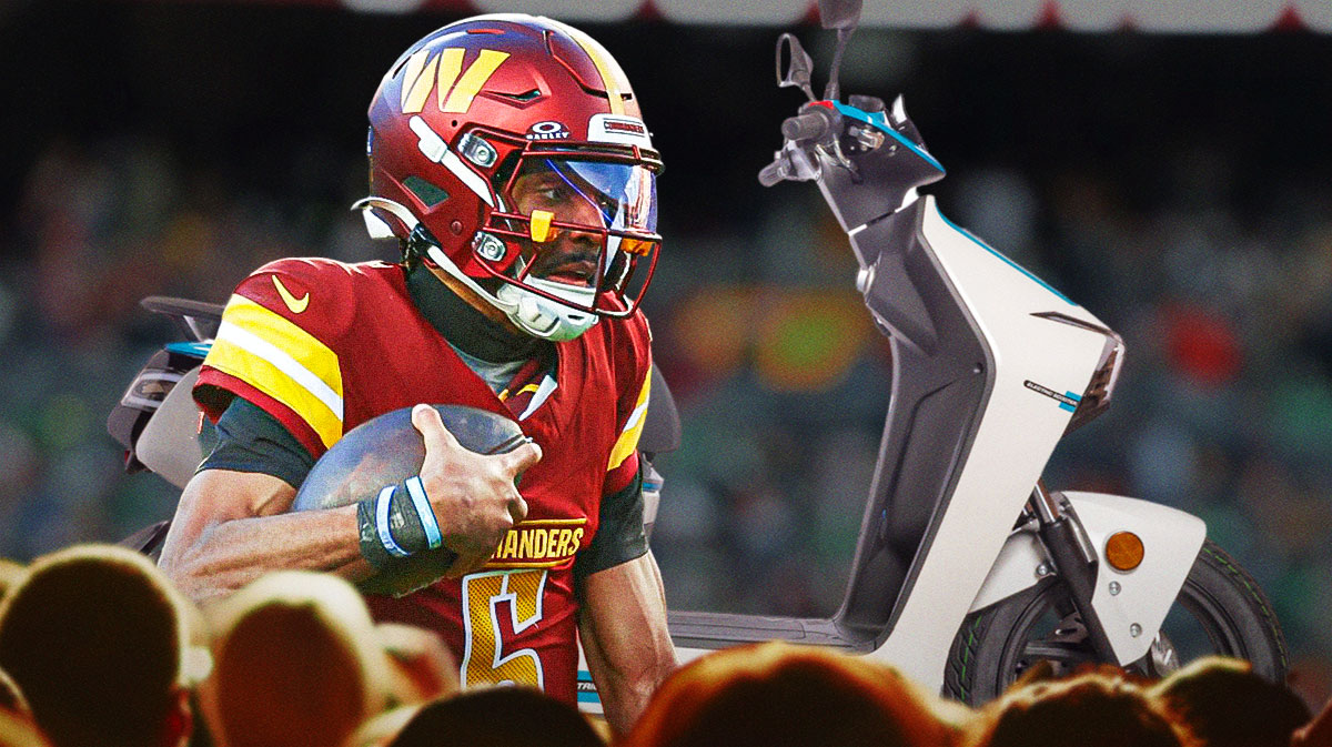 Photo: Jayden Daniels in action in Commanders jersey, have an electric scooter beside him