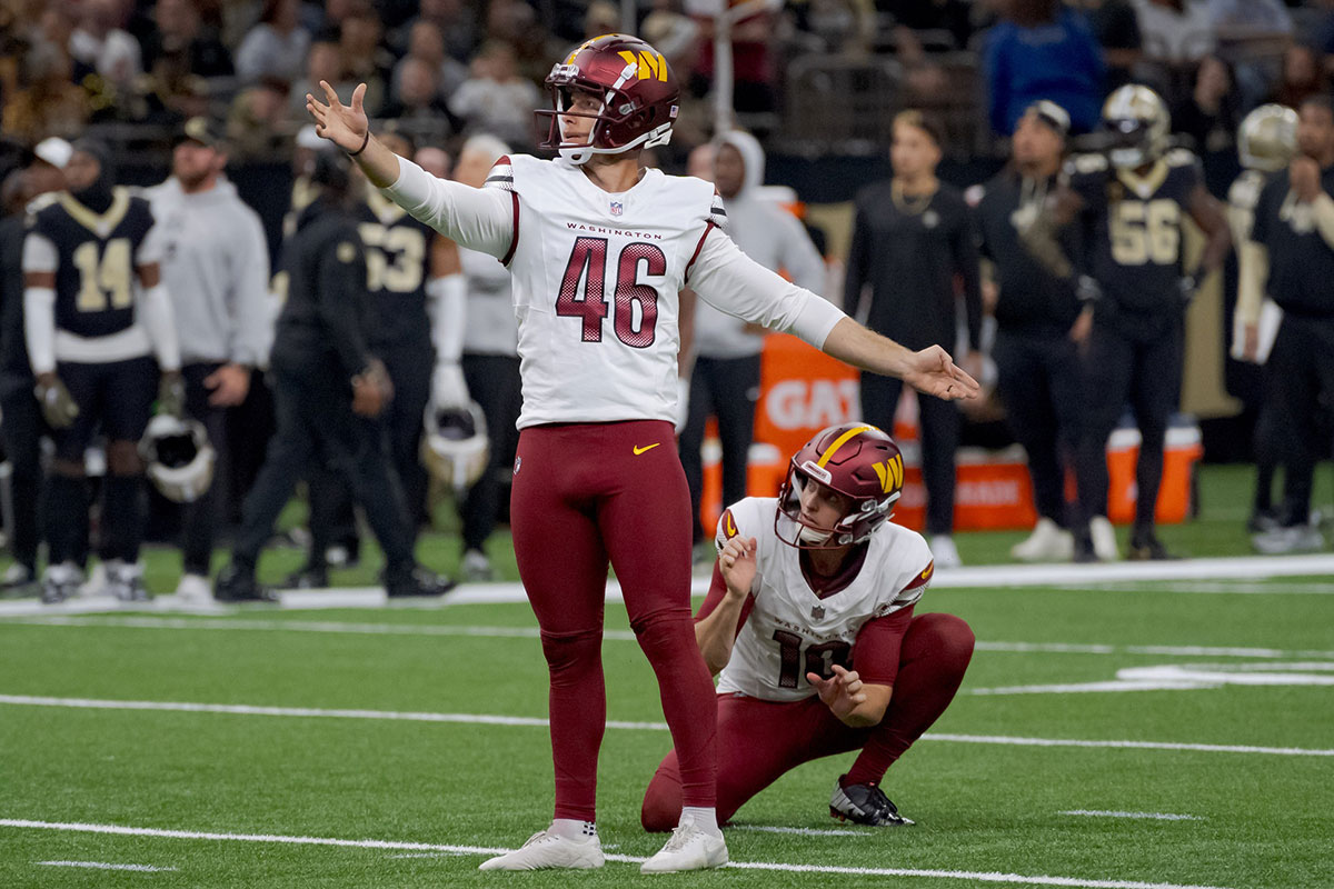 Washington Commanders place kicker Greg Joseph (46) misses a field goal during the second half at Caesars Superdome.