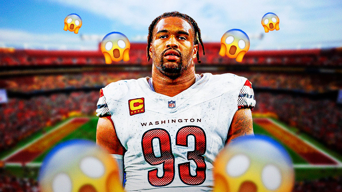 Jonathan Allen in a Commanders jersey with shocked face emojis surrounding the picture.