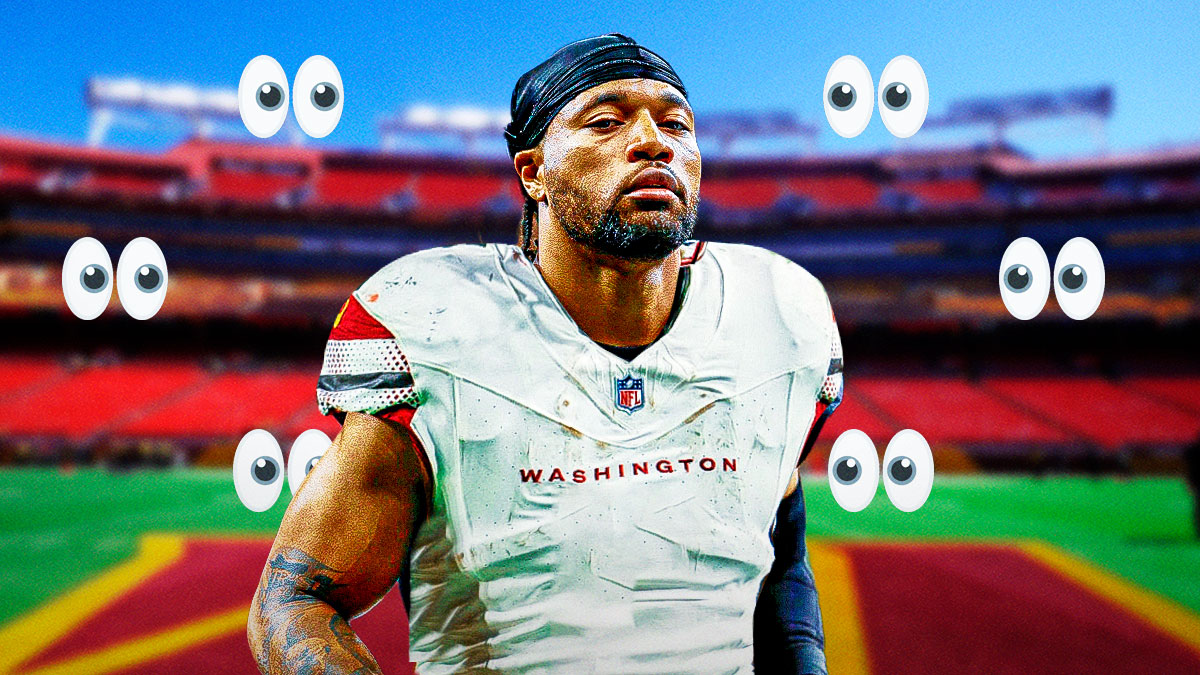 Marshon Lattimore in a Commanders uniform. Eyeballs all around him