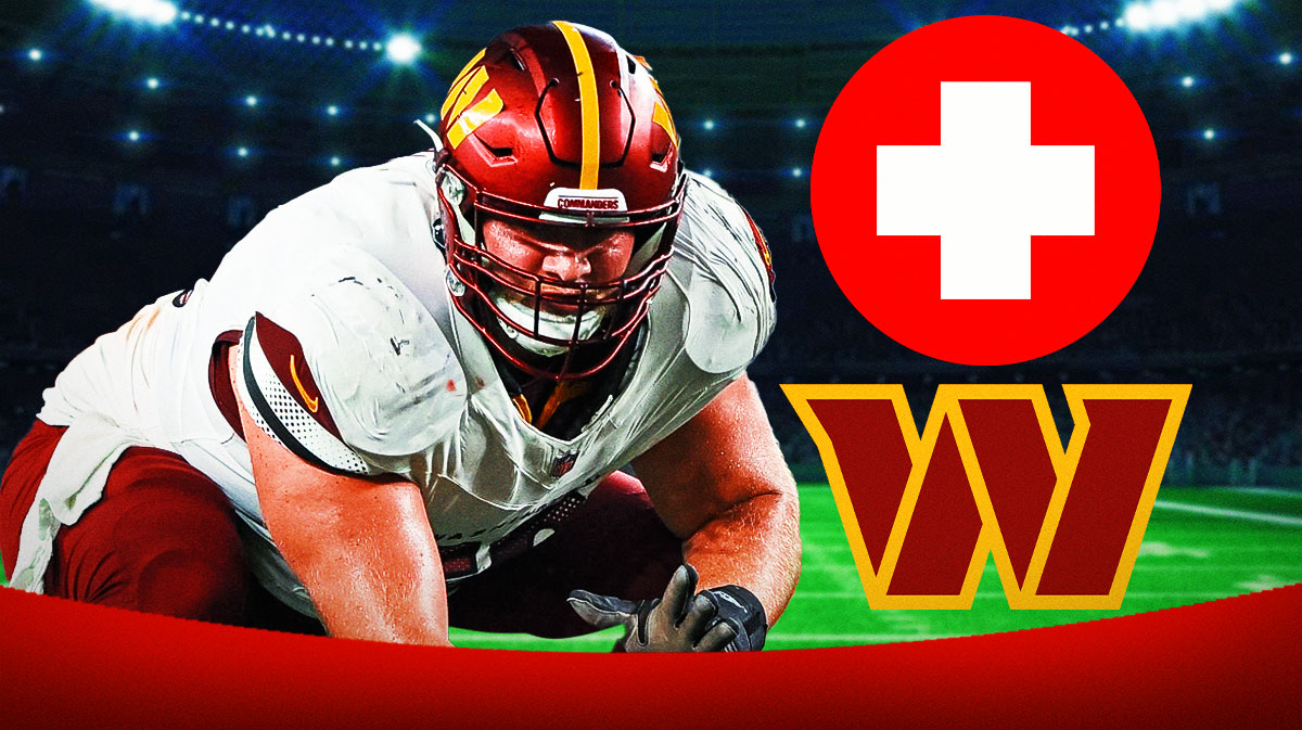 Washington Commanders center Tyler Biadasz with an injury symbol. There is also a logo for the Washington Commanders.