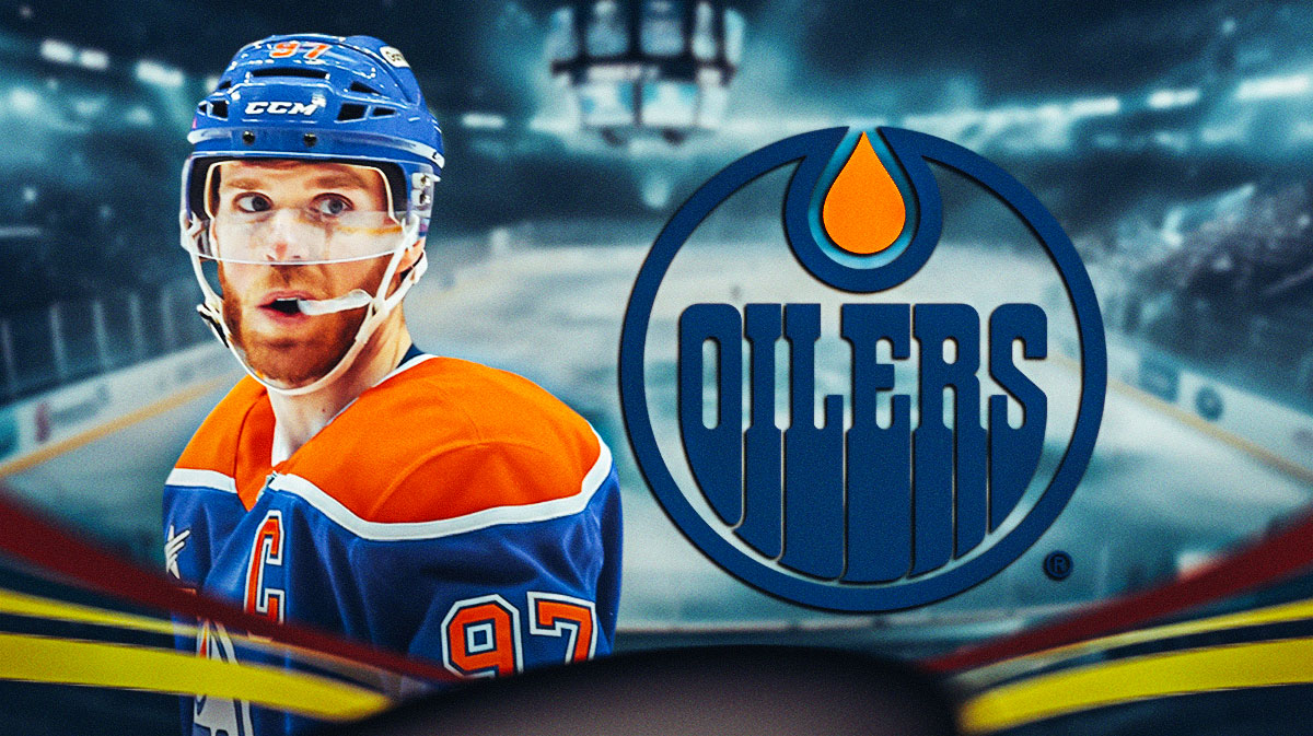 Connor McDavid in image looking stern, Edmonton Oilers logo, hockey rink in background