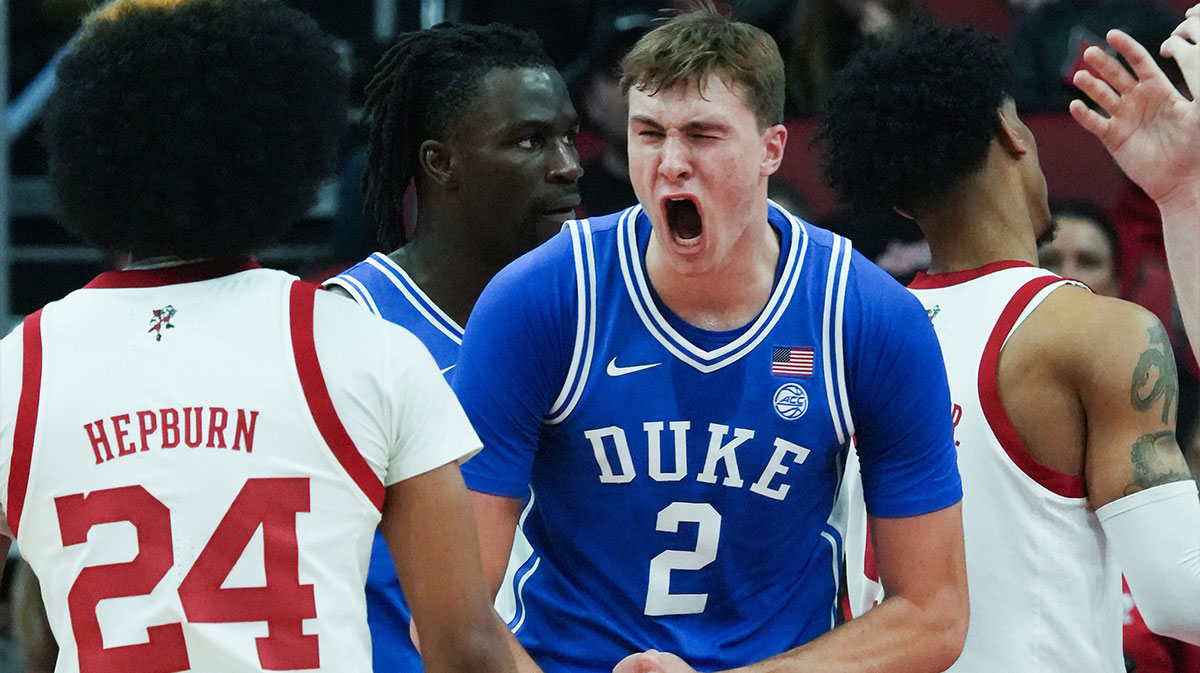 Duke basketball's Cooper Flagg (2) reacted after scoring against Louisville during their game at the KFC Yum! Center in Louisville, Ky. on Dec. 8, 2024.