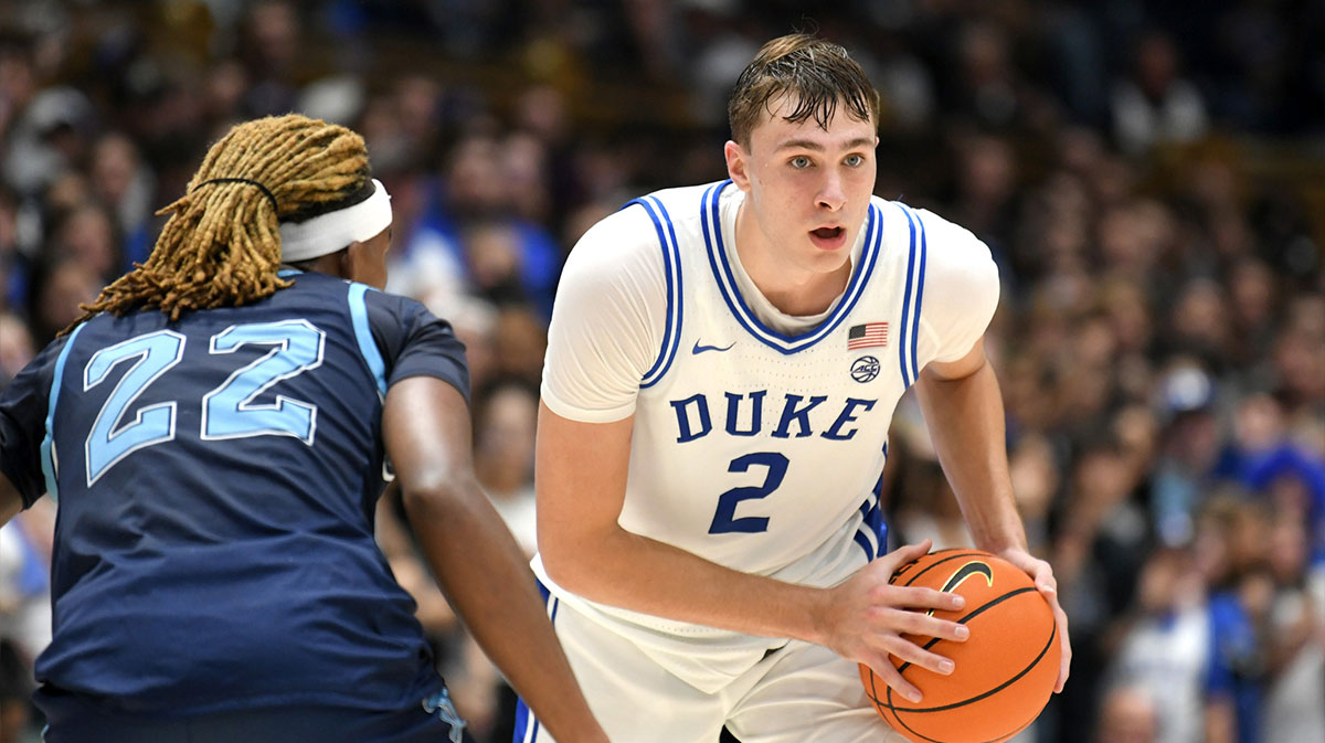 Duke Blue Devils guard Cooper Flagg (2) looks for an opening to pass during the second half against the Maine Black Bears at Cameron Indoor Stadium.