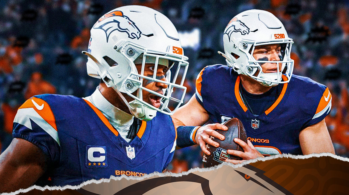Courtland Suttton in a Denver Broncos uniform looking unhappy as Denver fans boo/yell at Bo Nix in a Broncos uniform.