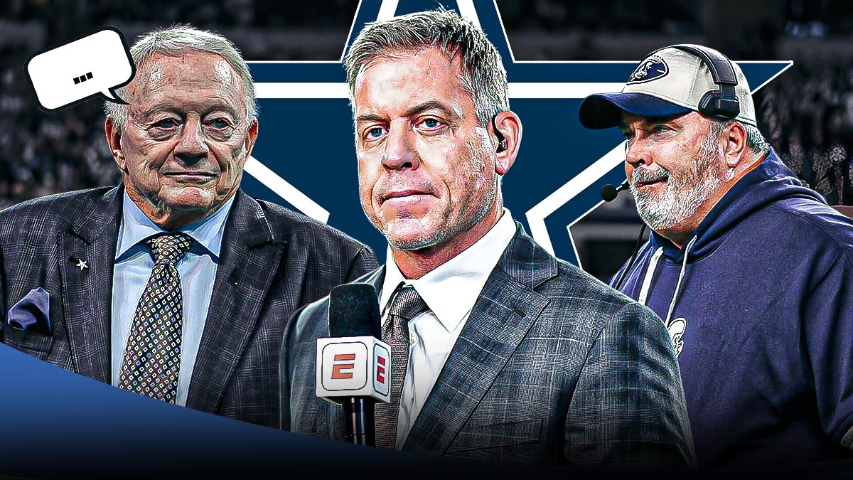 Present day Jerry Jones on the left with a speech bubble above his head saying, "..." Present day Troy Aikman is in the middle and Cowboys HC Mike McCarthy is on the right. There's a big Cowboys logo behind all three guys. Background is AT&T Stadium