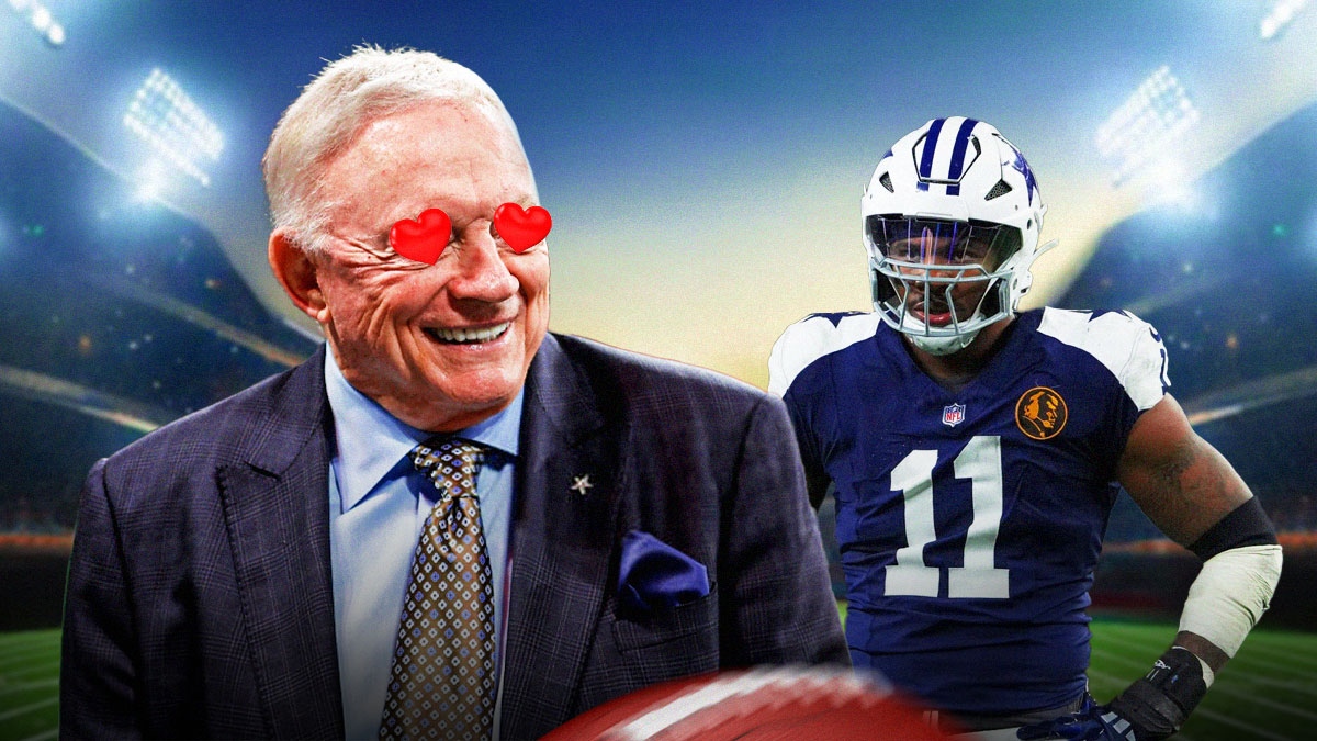 Dallas Cowboys owner Jerry Jones with hearts in his eyes looking at Micah Parsons in a Dallas Cowboys uniform as Jones denied Parsons trade rumors and stumps for the return of coach mike mccarthy as well.