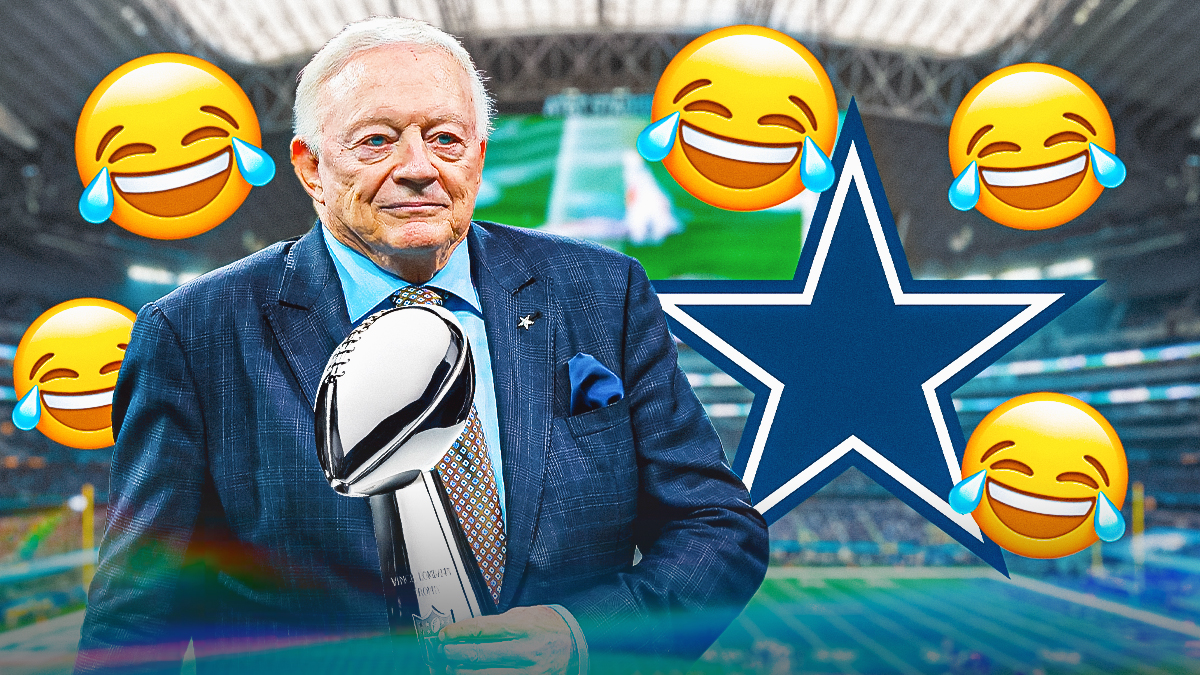 Cowboys owner Jerry Jones looking sad holding tropy with multiple 😂 emojis sprinkled throughout background. Cowboys logo behind Jerry Jones. Background is AT&T Stadium.