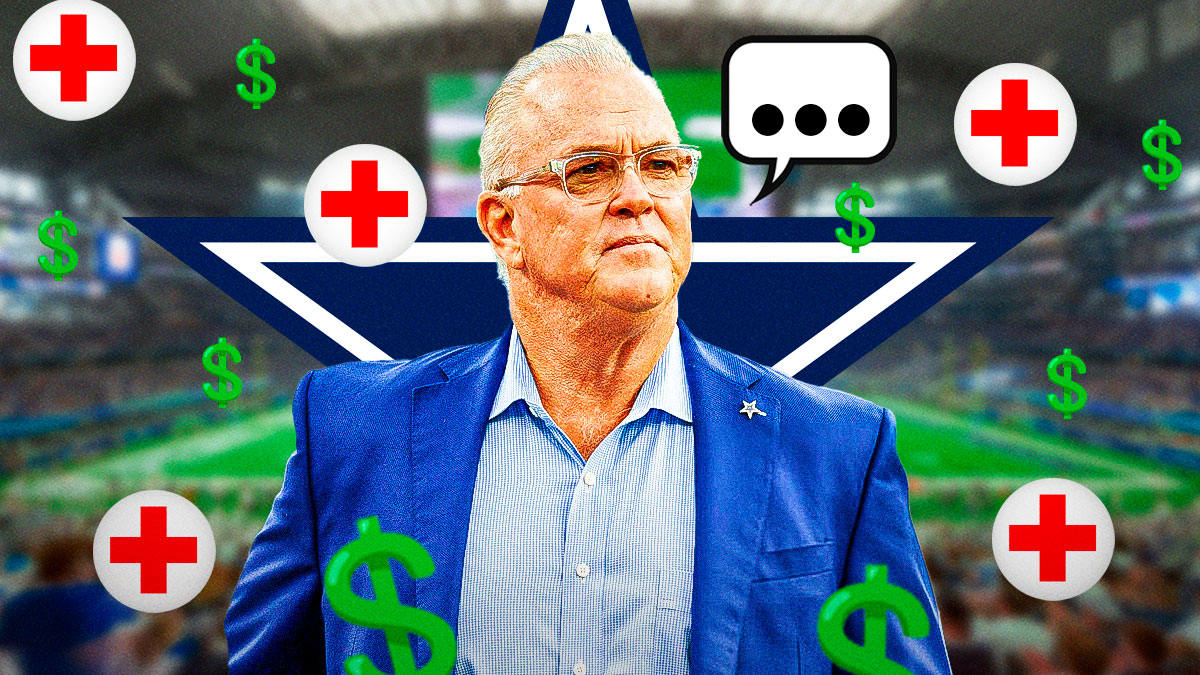 Dallas Cowboys owner Jerry Jones with a speech bubble that has the three dots emoji inside. He is surrounded by injury symbols and dollar sign emojis. There is also a logo for the Dallas Cowboys.