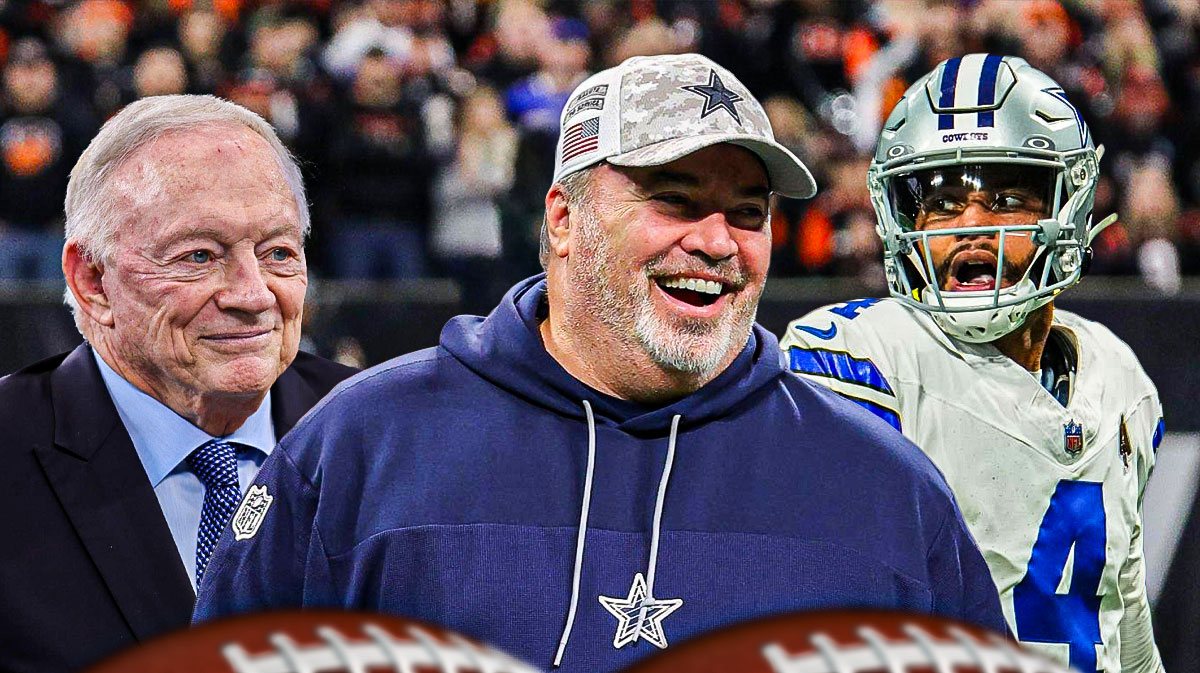 Cowboys Mike McCarthy in the middle with Jerry Jones on one side and Dak Prescott on the other, all looking mad/serious