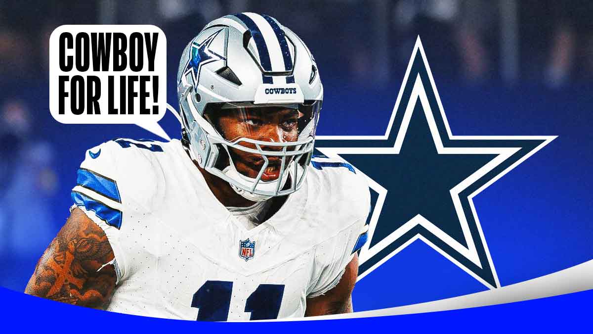 Micah Parsons with a Cowboys logo behind him and a speech bubble above his head saying, "Cowboy for life!". Background is AT&T Stadium.