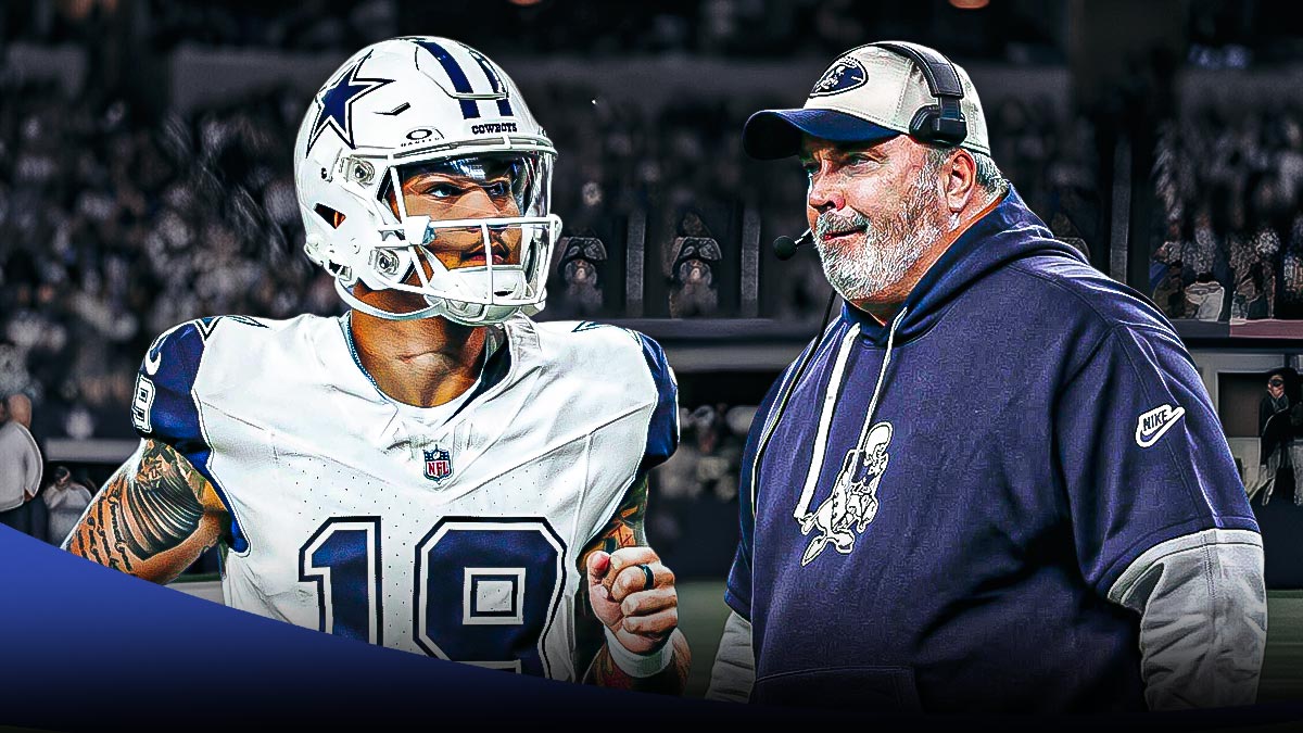 Dallas Cowboys coach Mike McCarthy and Trey Lance in a Dallas Cowboys uniform as McCarthy will not start Lance at quarterback.