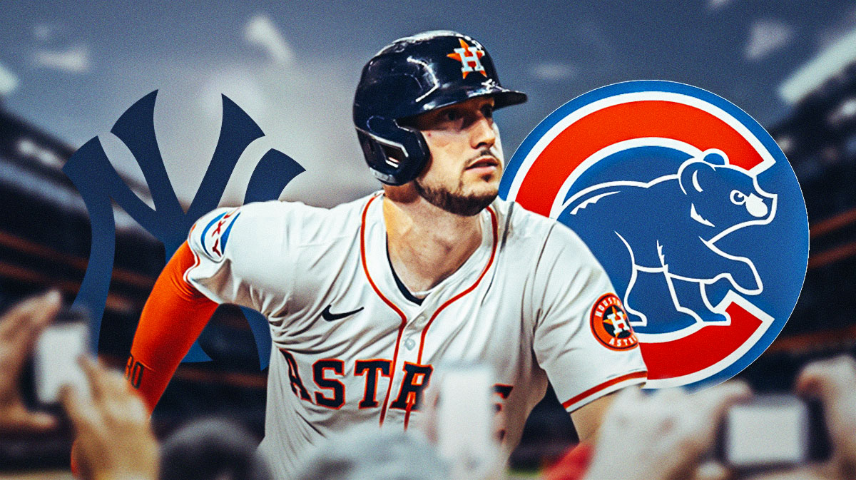 Kyle Tucker (Astros) with Yankees and Cubs logos behind