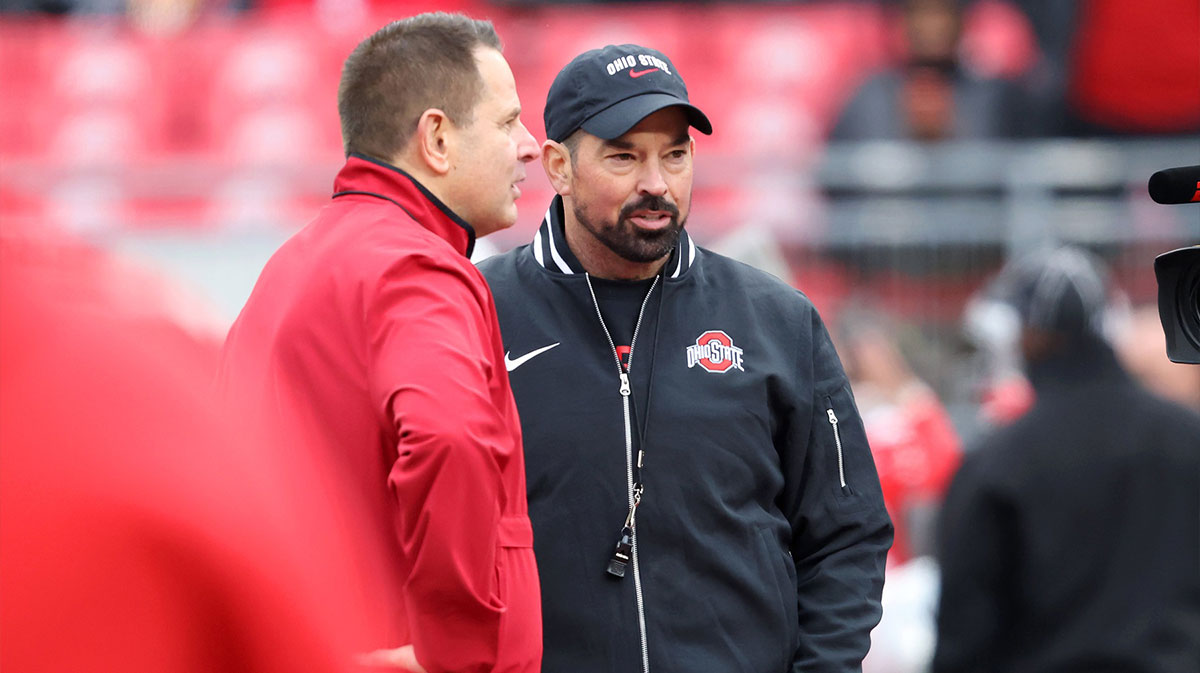 Ohio State Buckeyes head coach Ryan Day(right) and Indiana Hoosiers head coach Curt Cignetti meet at midfield before the game at Ohio Stadium.