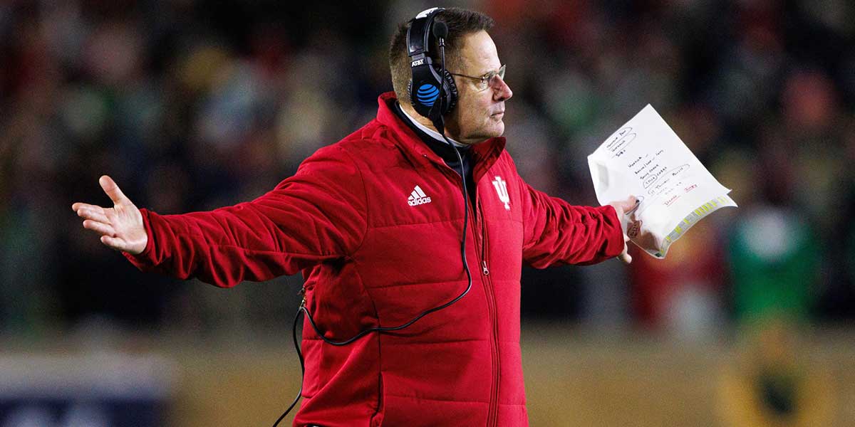 Indiana head coach Curt Cignetti holds his arms out during the first round of the College Football Playoff between Notre Dame and Indiana at Notre Dame Stadium