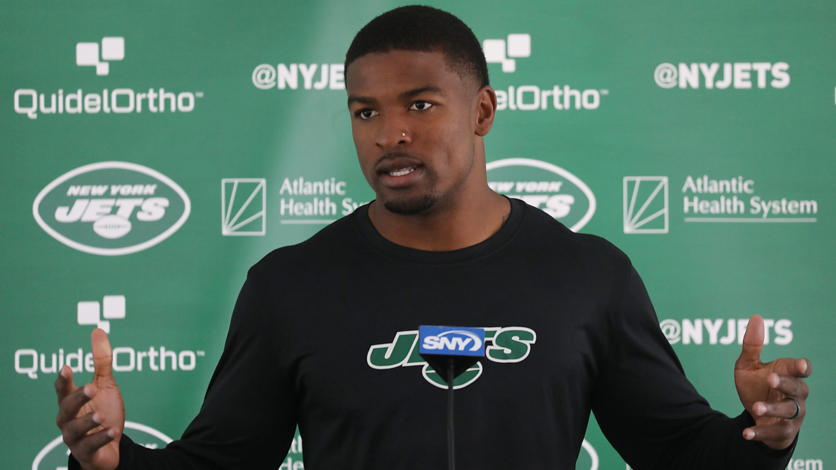 Florham Park, NJ July 19, 2023 -- Cornerback, DJ Reed being interviewed as players arrived today to participate in the NY Jets 2023 Training Camp at their practice facility in Florham Park, NJ.