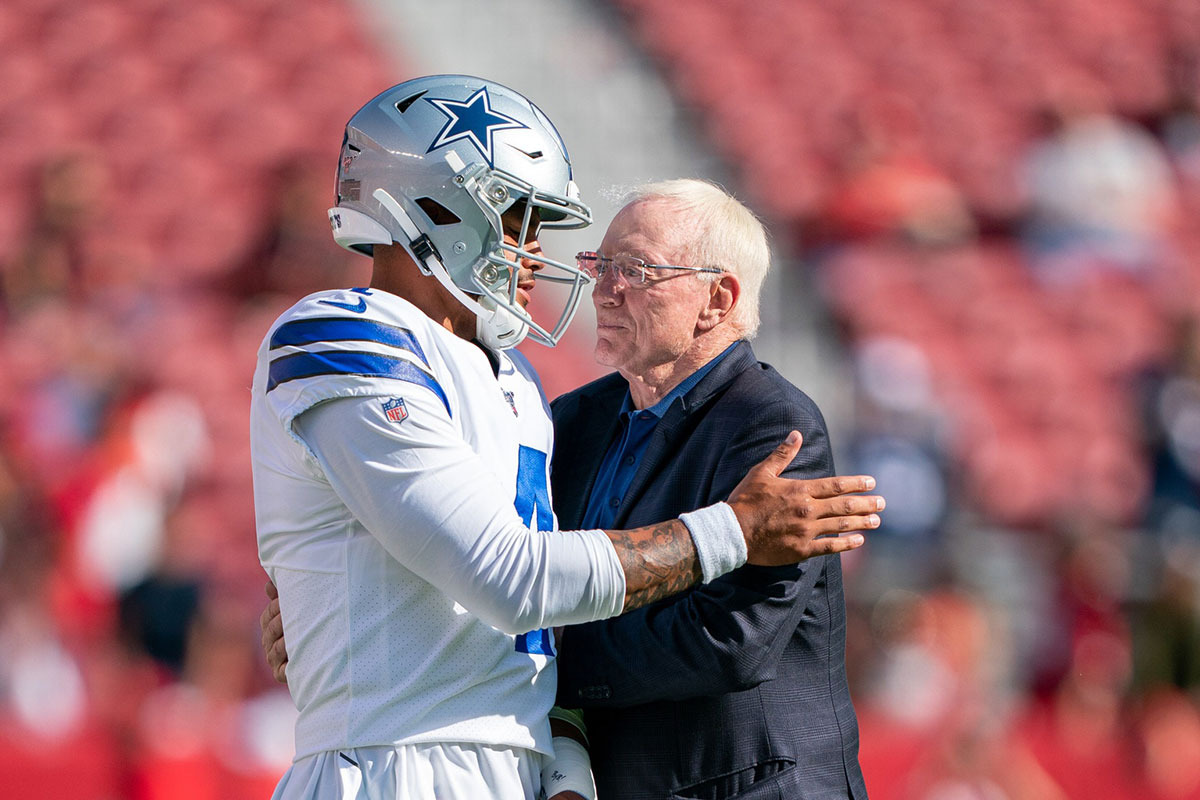 Dallas Cowboys quarterback Dak Prescott (4) and owner Jerry Jones (right) before the game against the San Francisco 49ers at Levi's Stadium.