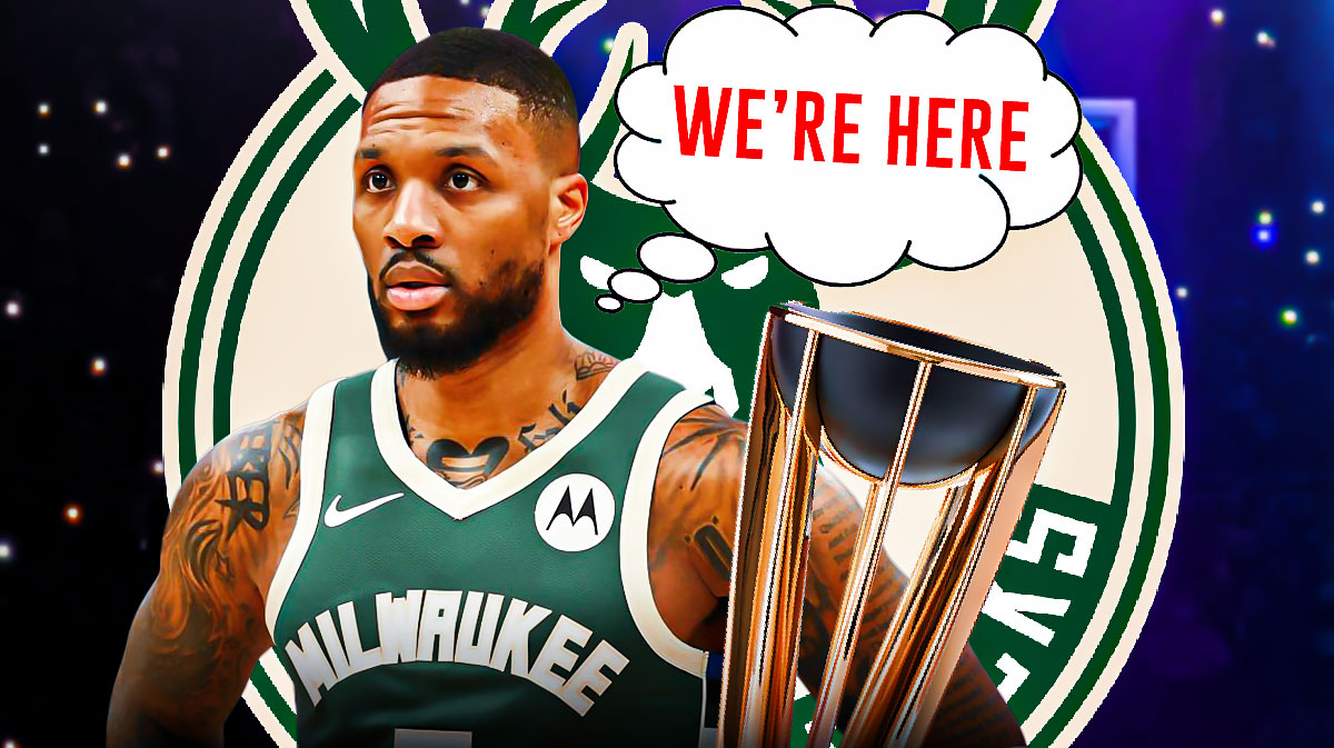 Bucks guard Damian Lillard with a thought bubble that says “We’re here” and a picture of the NBA Cup next to him, with the Bucks logo in the background