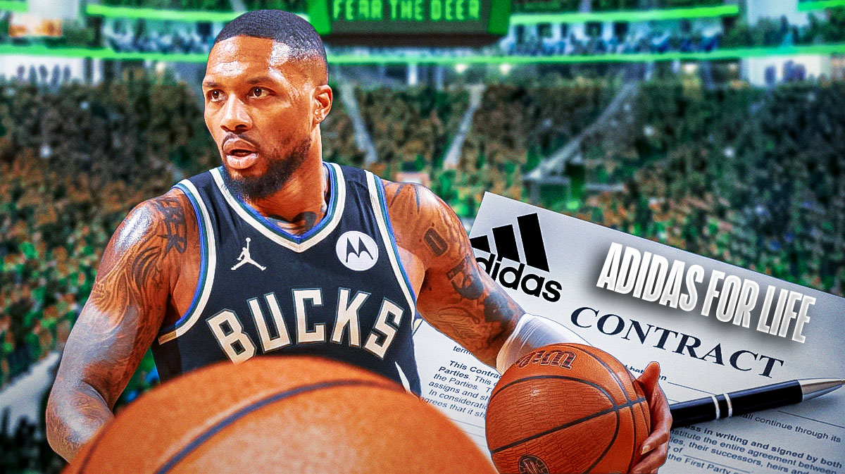 Bucks guard Damian Lillard next to a contract that says Adidas for life with a pen next to it and the Adidas logo in the background