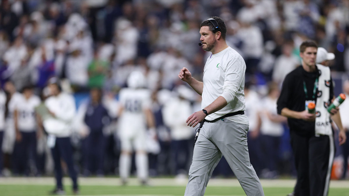 Dec 7, 2024; Indianapolis, IN, USA; Oregon Ducks head coach Dan Lanning walks on the field during the second quarter against the Penn State Nittany Lions in the 2024 Big Ten Championship game at Lucas Oil Stadium. Mandatory Credit: Jordan Prather-Imagn Images