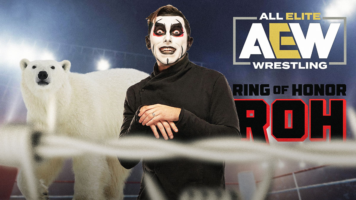 Danhausen next to a polar bear with the AEW and Ring of Honor logos as the background.
