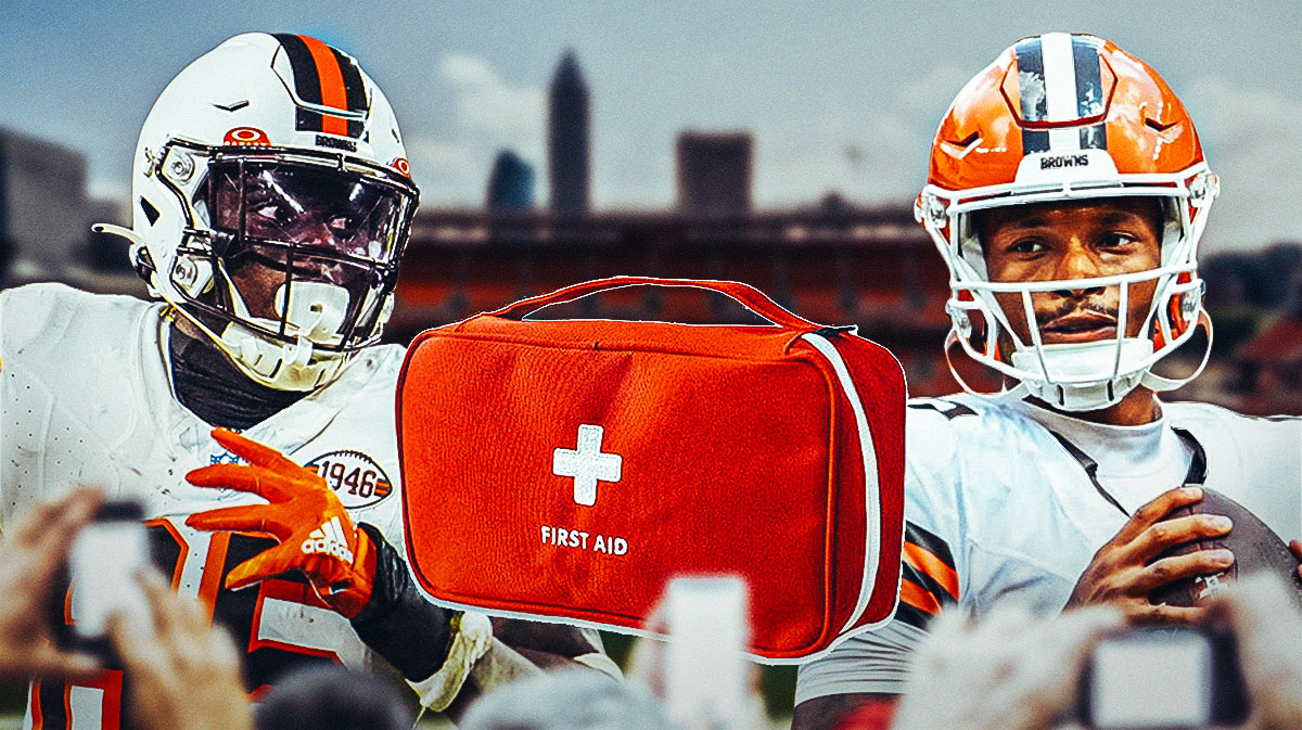 David Njoku and Dorian Thompson-Robinson with Browns jerseys and first aid kits.