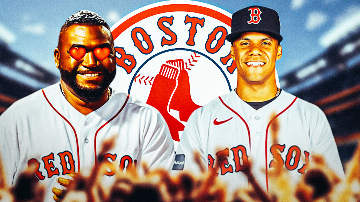 David Ortiz with hearts in his eyes looking at Juan Soto in a Red Sox jersey