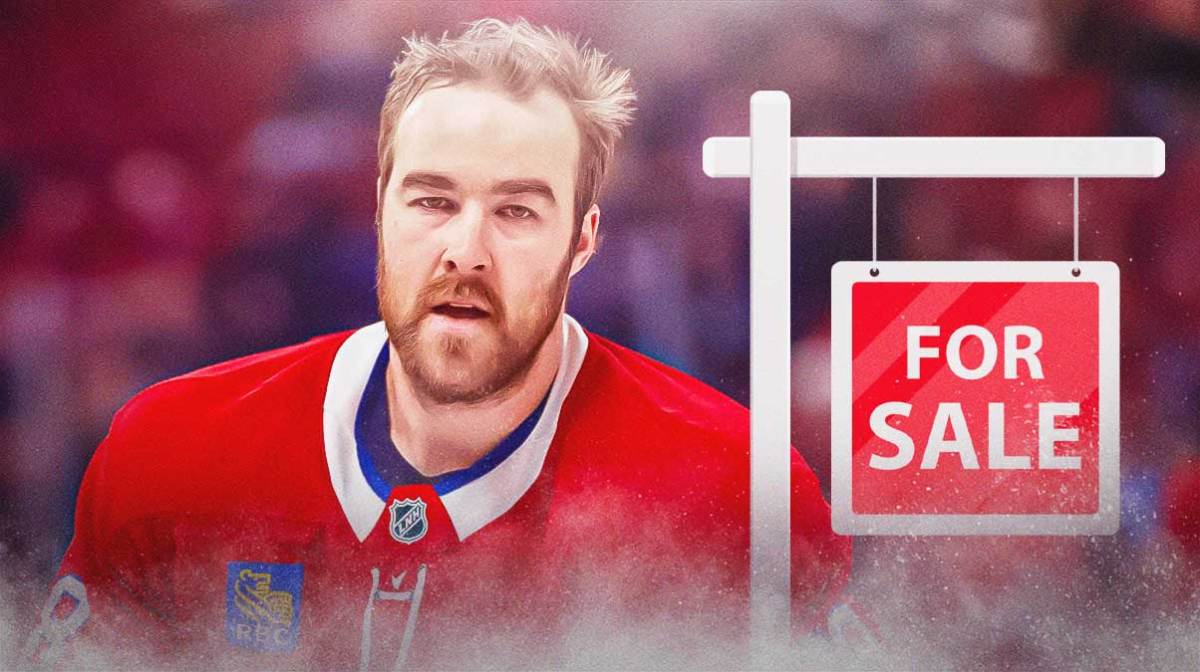 Canadiens defensman David Savard with a "for sale" sign next to him