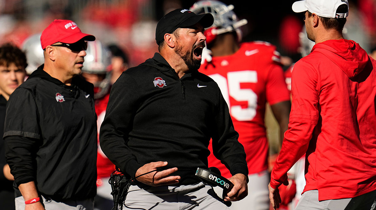 Ohio State Buckeyes head coach Ryan Day reacts to a targeting call on linebacker Arvell Reese during the second half of the NCAA football game against the Nebraska Cornhuskers at Ohio Stadium in Columbus on Saturday, Oct. 26, 2024. Ohio State won 21-17.