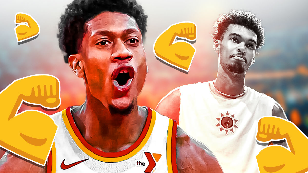 Hawks' De'Andre Hunter hyped up, flex emojis all over him, with Spurs' Victor Wembanyama looking sad beside him