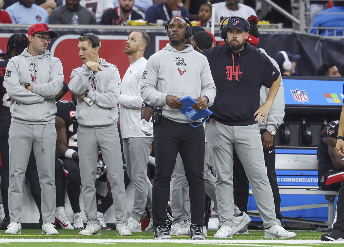 Houston Texans head coach DeMeco Ryans looks on from the sideline during the fourth quarter against the Miami Dolphins at NRG Stadium.