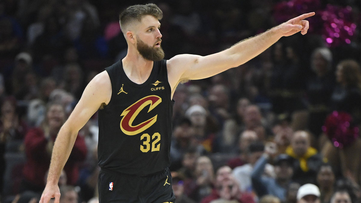 Cleveland Cavaliers forward Dean Wade (32) reacts after making a three-point basket in the first quarter against the Orlando Magic at Rocket Mortgage FieldHouse.