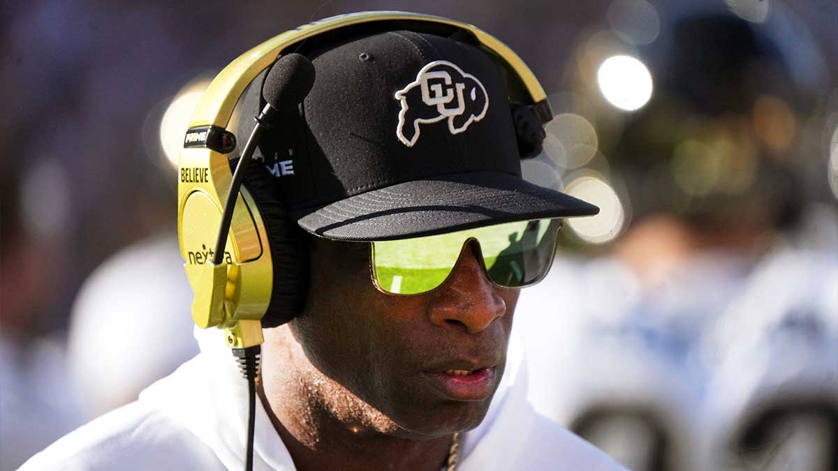 Colorado Buffaloes head coach Deion Sanders walks the sidelines as his team takes on the ASU Sun Devils at Mountain America Stadium in Tempe on Oct. 7, 2023.