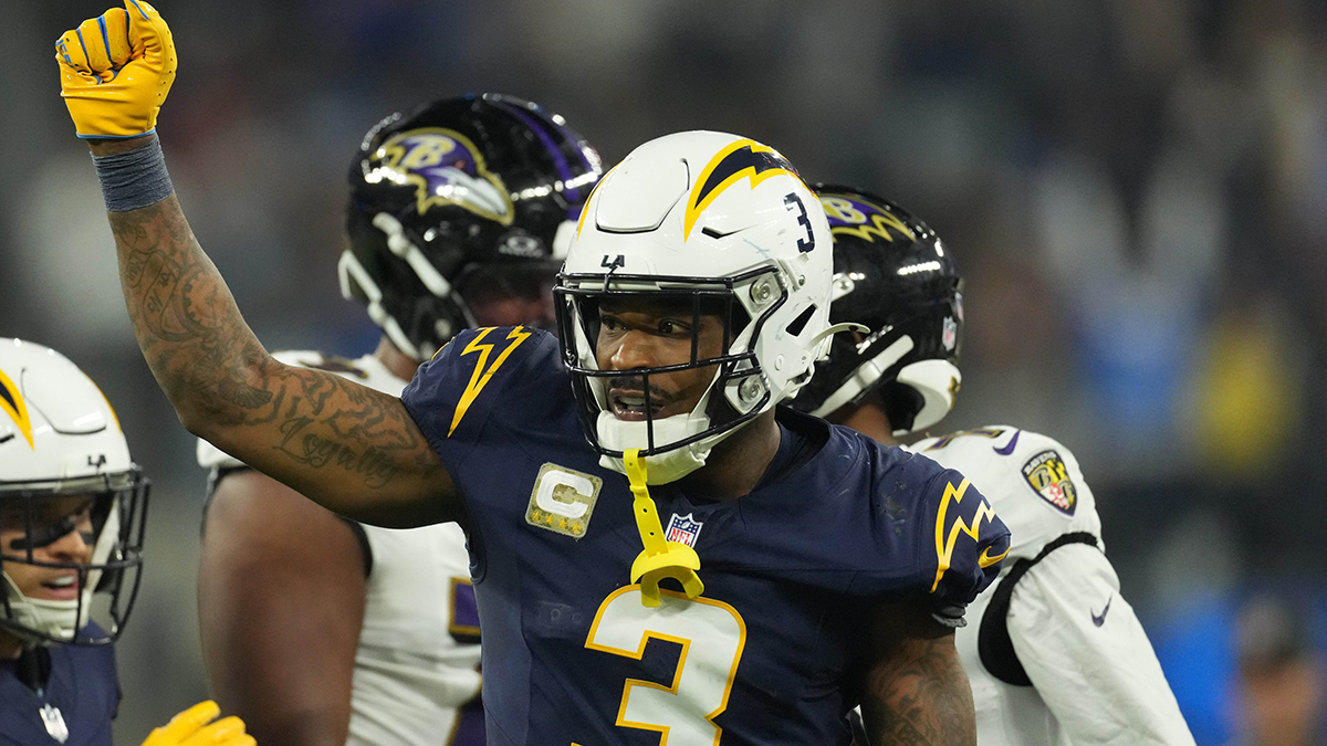 Los Angeles Chargers safety Derwin James Jr. (3) gestures against the Baltimore Ravens in the first half at SoFi Stadium.