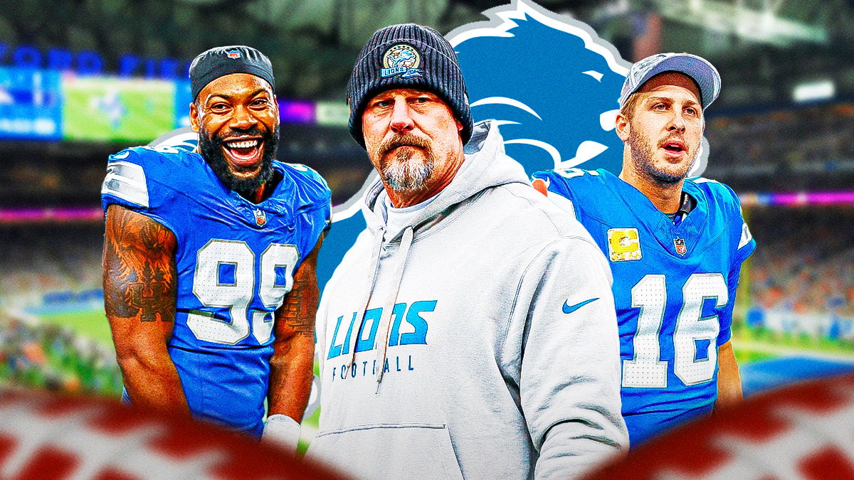 Detroit Lions head coach Dan Campbell with QB Jared Goff and defensive end Za'Darius Smith. There is also a logo for the Detroit Lions.