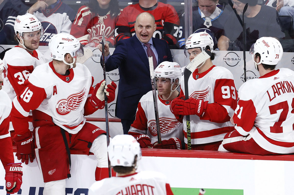 Detroit Red Wings head coach Derek Lalonde gestures in the third period against the Winnipeg Jets at Canada Life Centre.