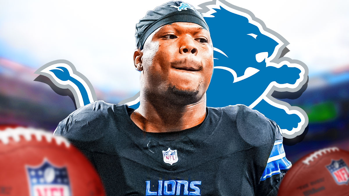 Lions RB David Montgomery, Ford Field behind him