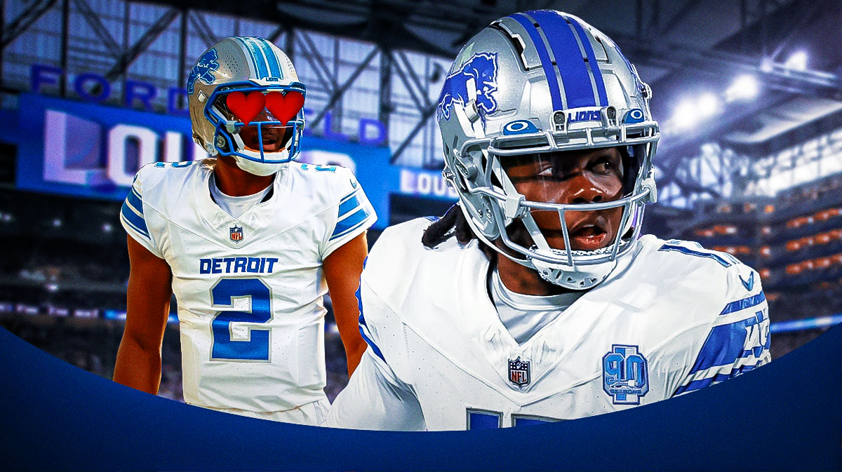 Hendon Hooker with heart eyes looking at Teddy Bridgewater in a Lions uniform