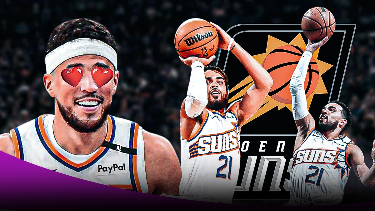 Suns point guard Tyus Jones shooting a floater, and another image of Jones shooting the ball. Next to him is Devin Booker with hearts over his eyes, with the Suns' logo and the Footprint Center as the background.