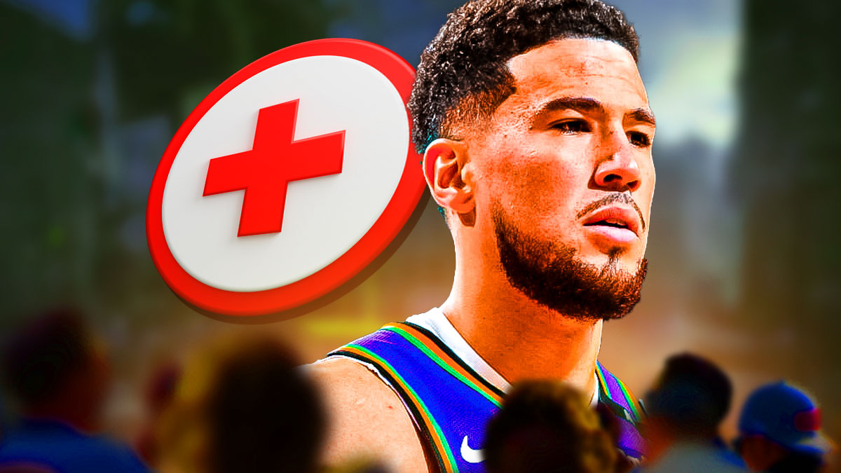 Devin Booker (Suns) with medical cross symbol in the background