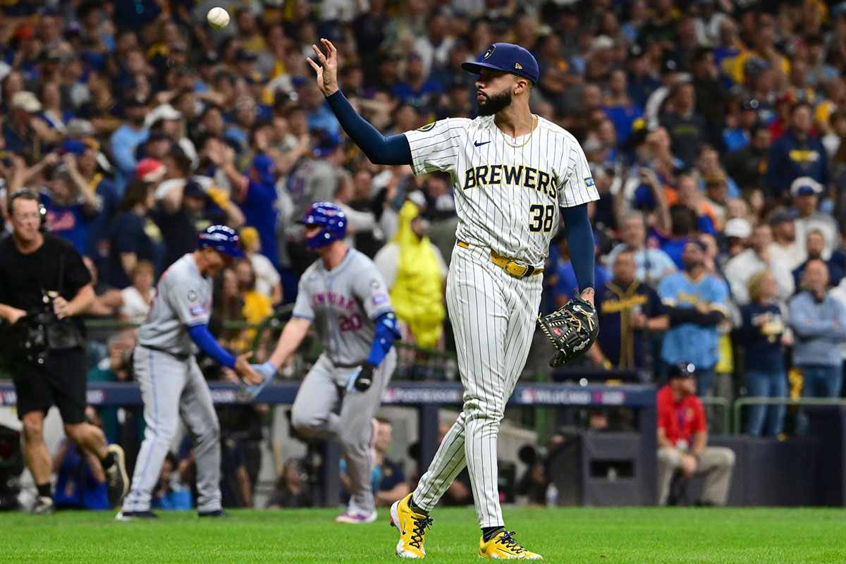Milwaukee Brewers pitcher Devin Williams (38) reacts after a three run home run by New York Mets first baseman Pete Alonso (20) in the ninth inning during game three of the Wildcard round for the 2024 MLB Playoffs at American Family Field.
