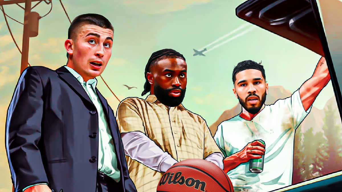 Celtics players Peyton Pritchard left, Jaylen Brown (middle), and Jayson Tatum (right) as the GTA 5 guys