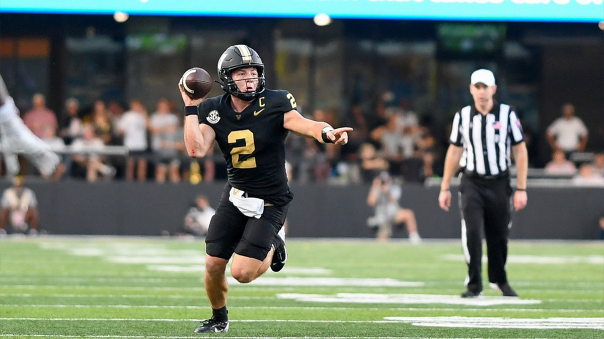 Vanderbilt Commodores quarterback Diego Pavia (2) scrambles against the Alabama Crimson Tide during the second half at FirstBank Stadium.