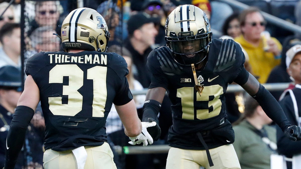 Purdue Boilermakers defensive back Dillon Thieneman (31) and Purdue Boilermakers defensive back Derrick Rogers Jr. (13) celebrate a defensive stop during the NCAA football game against the Minnesota Golden Gophers, Saturday, Nov. 11, 2023, at Ross-Ade Stadium in West Lafayette, Ind. Purdue Boilermakers won 49-30.
