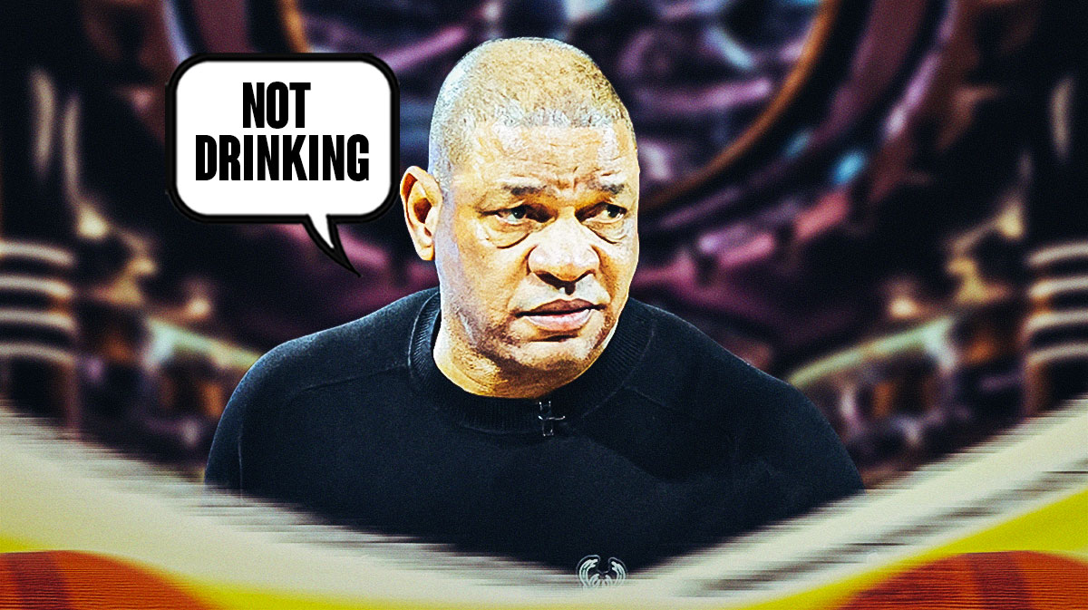 Bucks head coach Doc Rivers with a thought bubble that says "Not drinking" with a background of a Las Vegas night club