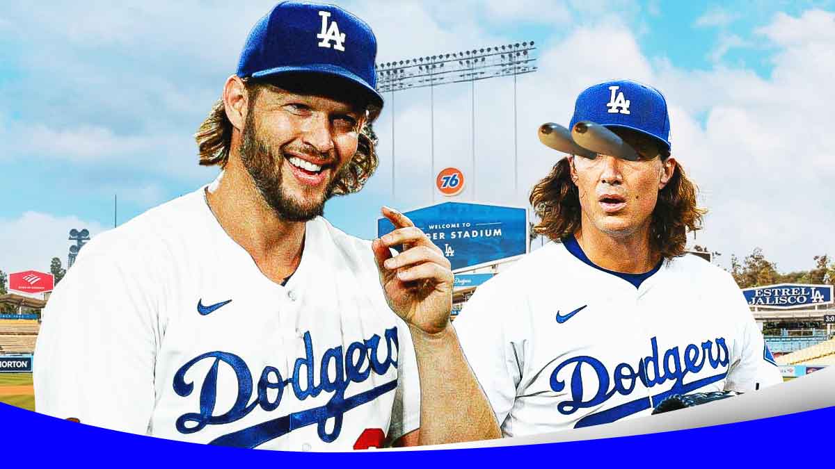 Dodgers Tyler Glasnow with eyes popping out looking at Dodgers Clayton Kershaw pitching a baseball at Dodger Stadium.