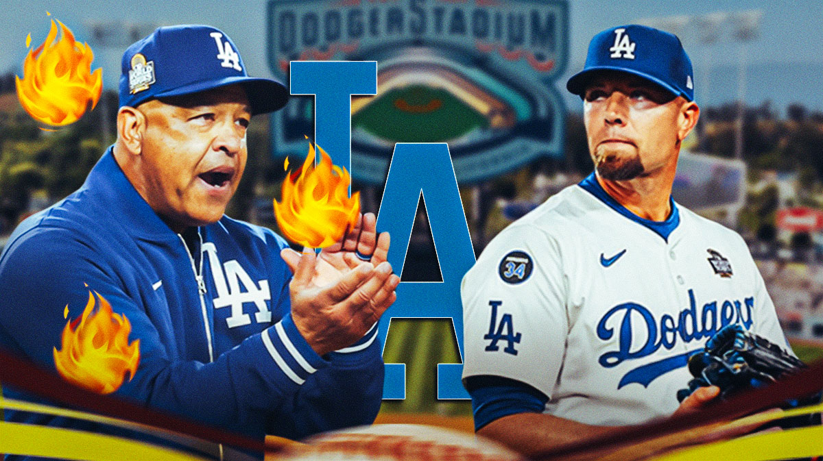Dave Roberts and Blake Treinen next to fire emojis and the Dodgers logo