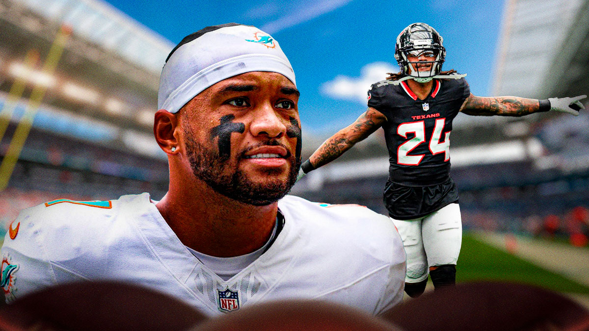 Texans' Derek Stingley Jr. with arms raised in celebration, next to Dolphins' Tua Tagovailoa looking down