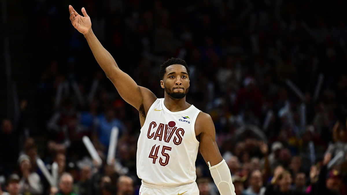 Cleveland Cavaliers guard Donovan Mitchell (45) celebrates after hitting a three-point basket during the second half against the Milwaukee Bucks at Rocket Mortgage FieldHouse.